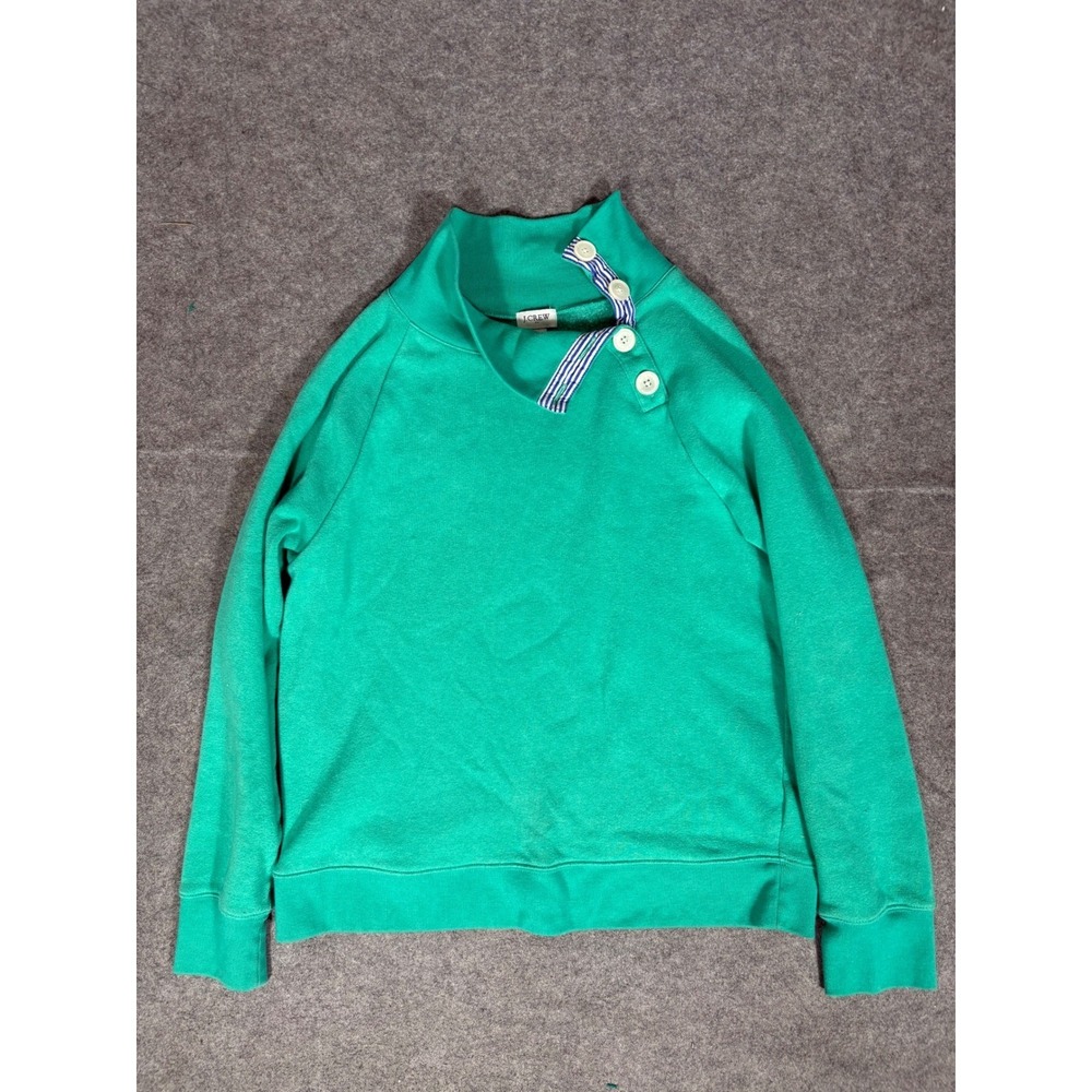 J.Crew‎ Womens Green Funnel Neck Side Button Sweatshirt Striped Trim Small